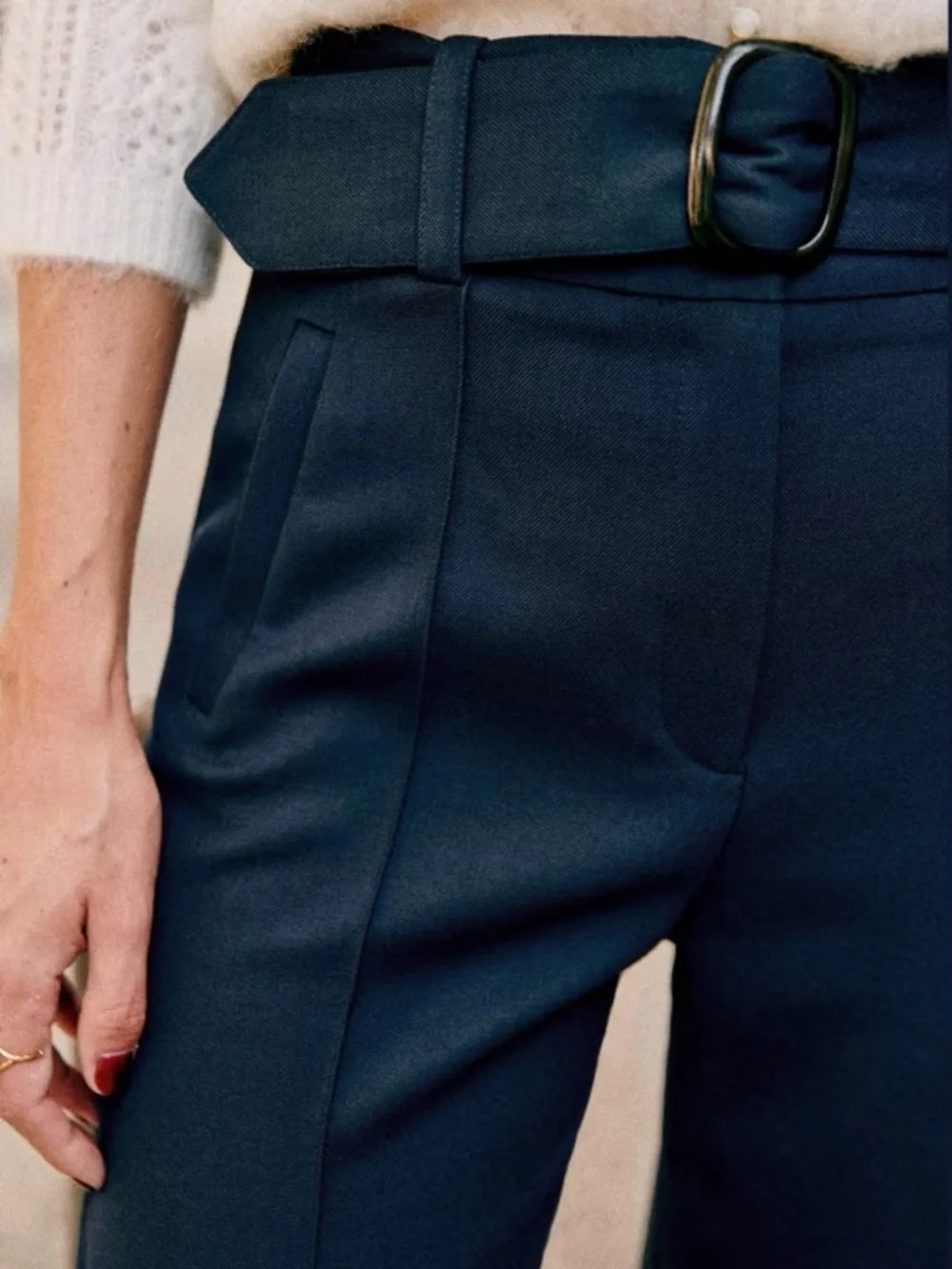 SEZANE Navy High-Waist Tailored Lukas Trousers with Removable Belt